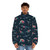 Puffer jacket featuring cute dinosaurs wearing festive sweaters - men front