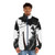Afro Samurai themed puffer jacket with black and white design and Japanese inspired graphics - men front