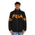 Model wearing an Afrobeat-inspired puffer jacket featuring African cultural elements and music motifs - men front