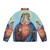 Potoo bird puffer jacket featuring a religious-themed design with the potoo bird as the central focus - Back