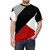 Model wearing a black t-shirt with a diagonal stripe and triangle pattern, a modern abstract graphic design. - men front
