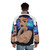 Model wearing Orions Sky Puffer Jacket in light blue with galaxy-inspired design - men back