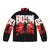 Boomstick puffer jacket with red and black design, featuring references to the Evil Dead franchise and Army of Darkness