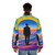 A colorful, abstract puffer jacket with a desert sunrise-inspired design. - men back