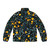 Oranges on black puffer jacket with watercolor floral pattern