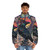 Puffer jacket featuring a mystical, psychedelic design of a raven or crow bird and cannabis leaves - men front