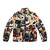 Abstract music puffer jacket featuring a wild drummer design