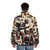 Abstract music puffer jacket featuring a wild drummer design - men back