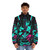 Cyberpunk-inspired neon glitch puffer jacket with oni, mecha, and Japanese design elements - men front