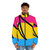A colorful puffer jacket featuring the AM PAN pride flag design - men front