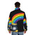 A vibrant puffer jacket with a rainbow design, representing the Irish legend of the pot of gold. - men back
