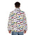 A colorful puffer jacket featuring a horse silhouette and jockey silk pattern - men back