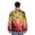 Watercolor illustration of a fox in a pink floral puffer jacket in a forest setting - men back