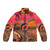 Colorful puffer jacket with retro futuristic, psychedelic collage design