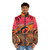 Colorful puffer jacket with retro futuristic, psychedelic collage design - men front