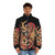 Daruma ramen puffer jacket with Japanese kanji and food inspired design - men front