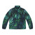 Dark green puffer jacket with palm leaves pattern