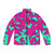 Teal and pink 90s inspired abstract geometric pattern puffer jacket