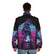 80s synthwave biker girl wearing a puffer jacket in retro neon colors - men back