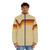 Retro 1970s puffer jacket with brown, orange and yellow chevron stripes - men front