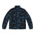 Indigo blue puffer jacket featuring whales and marine life design