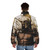 Spartan warrior wearing 300 puffer jacket with ancient greek military design - men back