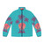 Puffer jacket with palm tree and tropical sunset design