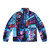 Cyborg beauty queen wearing a vibrant puffer jacket in a futuristic Japanese alley