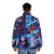 Cyborg beauty queen wearing a vibrant puffer jacket in a futuristic Japanese alley - men back