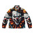 A puffer jacket featuring a creepy clown face, perfect for Halloween