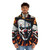 A puffer jacket featuring a creepy clown face, perfect for Halloween - men front