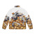 Person wearing cozy puffer jacket with gold kitten and dragon hoard design - Back