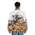 Person wearing cozy puffer jacket with gold kitten and dragon hoard design - men back