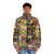Retro comic book collage puffer jacket featuring superheroes and cartoon characters - men front