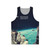 Unisex vintage-style tank top with a collage-inspired cosmic landscape design