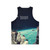 Unisex vintage-style tank top with a collage-inspired cosmic landscape design - Back