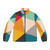 Colourful geometric triangles puffer jacket with a modern, minimalist design