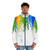 Colorful puffer jacket with abstract watercolor paint splatter and drip design - men front