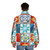 Colorful puffer jacket with abstract geometric tiles pattern inspired by Azul board game - men back