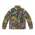 Psychedelic colorful wolf puffer jacket with trippy rainbow abstract design