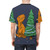 Whimsical t-shirt with a t-rex dinosaur wearing a holiday sweater and decorations - men back