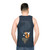 Unisex tank top with a cute, smiling fox design surrounded by herbal tea cups - men back