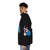 Vibrant rainbow puffer jacket with a clown throwing up a colorful rainbow design - men side left