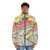 Colorful puffer jacket featuring Cloudman, Glueman, and Moon Alien characters from children's comic - men front