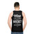 Unisex tank top with "Wine Is Fine But Whiskey Is Quicker" quote - men back