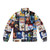 Christmas film collage puffer jacket featuring iconic holiday movies