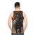 A stylish unisex tank top featuring a bay horse trotting in the autumn rain - men back