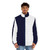 Navy blue and white half and half puffer jacket with nautical stripes - men front