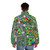 Children's puffer jacket with a playmat design featuring a back road and play cars - men back