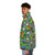Children's puffer jacket with a playmat design featuring a back road and play cars - men side left